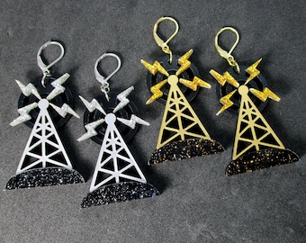 Retro Classic RKO Radio TV Broadcast Antenna Tower Station Electric Signal Podcast Dangle Statement Earrings