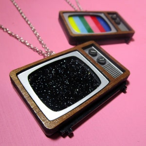 Nostalgic Retro Box TV Pendant Necklace, Color Bars & Glitter Static Television