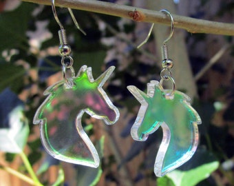 Magical Iridescent Unicorn Bust Dangle Earrings, Bust Silhouette Decora Shiny Big Fantasy Spring Summer Jewelry