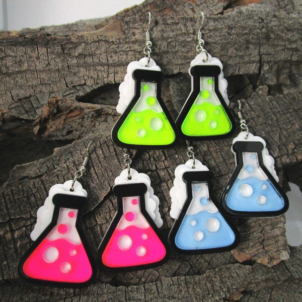 Chemistry Science Beaker Flask Experiment Dangle Earrings, Glow Black Light, Chemist Scientist Gift Jewelry, Rave Earrings