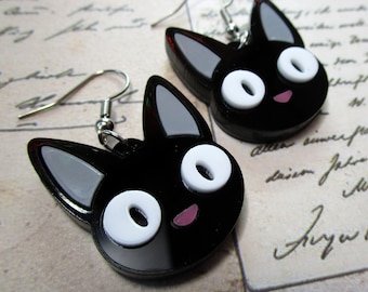 Jiji Cat Face Dangle Anime Earrings, Kiki's Delivery Service Inspired Cat Jewelry