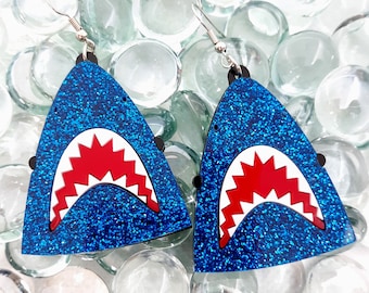 Big Jaws Shark Blue Glitter Dangle Earrings, Shark Jaws B Movie Shark Week Jewelry, Harajuku Decora Glitter Jewelry