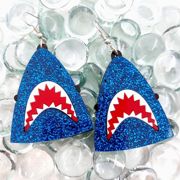 Big Jaws Shark Blue Glitter Dangle Earrings, Shark Jaws B Movie Shark Week Jewelry, Harajuku Decora Glitter Jewelry