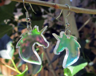 Iridescent Unicorn Bust Dangle Earrings, Big Fantasy Spring Summer Jewelry