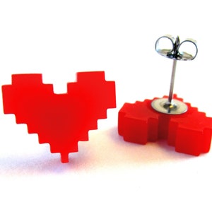 Red 8 Bit Pixel Life Heart Video Game Stud Earrings, Red Heart Gamer Unisex Valentines Day Gift Jewelry image 8