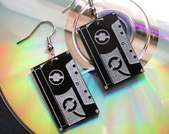 Retro Black Music Cassette Tape Dangle Earrings, Tape Cassette Earrings, 80s 90s Dance Party, Old School Music Lover Gift