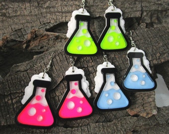 Chemistry Science Beaker Flask Experiment Dangle Earrings, Glow Black Light, Chemist Scientist Gift Jewelry, Rave Earrings