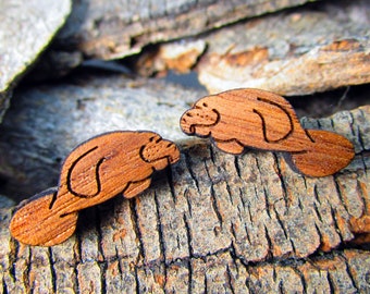 Happy Little Manatee Wooden Stud Earrings, Sea Cow Marine Laser Cut Wood Studs