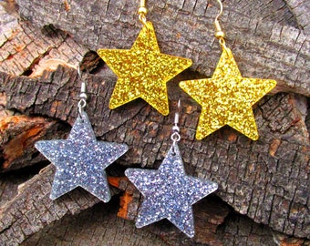 Big Glittery Silver or Gold Star Dangle Earrings, New Years Celebration Glitter Stars Party Statement Earrings, Dance Party Club Jewelry