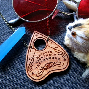 Ouija Spirit Board Planchette Halloween Statement Necklace, Wooden Ouiji Board Summoning Witch Spooky Magical Jewelry