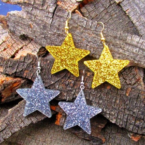 Celebration Gold Glitter or Silver Glitter Big Simple Star Dangle Statement Earrings for New Years Christmas Dance Party Club Jewelry
