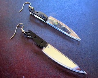Big Chef Knife Mirror Dangle Earrings, Horror Halloween Slasher Jewelry