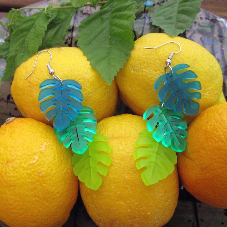 Monstera Leaf Tropical Leaves Cascading Dangle Earrings, Teal Green Chartreuse, Summer Luau Beach Jewelry image 5