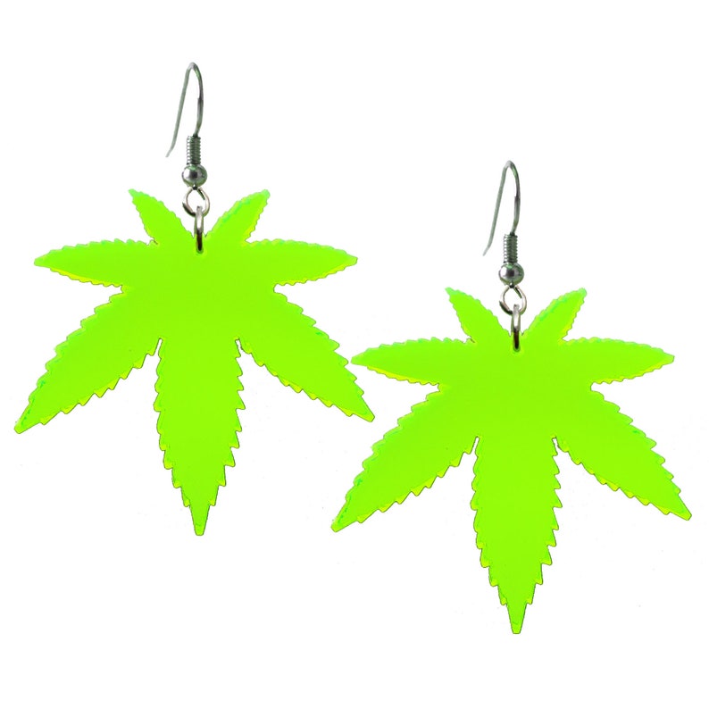 Big Neon Green Pot Leaf Dangle Earrings, 420 Weed Marijuana Rave Club Jewelry, Glows in Black Light image 4