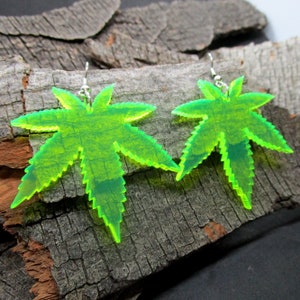 Big Neon Green Pot Leaf Dangle Earrings, 420 Weed Marijuana Rave Club Jewelry, Glows in Black Light image 1