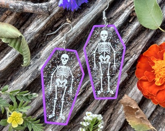 Cute Big Kowaii Coffin Skeleton Earrings, Halloween Skeleton In Purple Rainbow Sparkle Glitter Coffin Jewelry