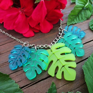 Monstera Leaf Tropical Leaves Pendant Necklace, Teal Green Chartreuse , Summertime Summer Luau Jewelry