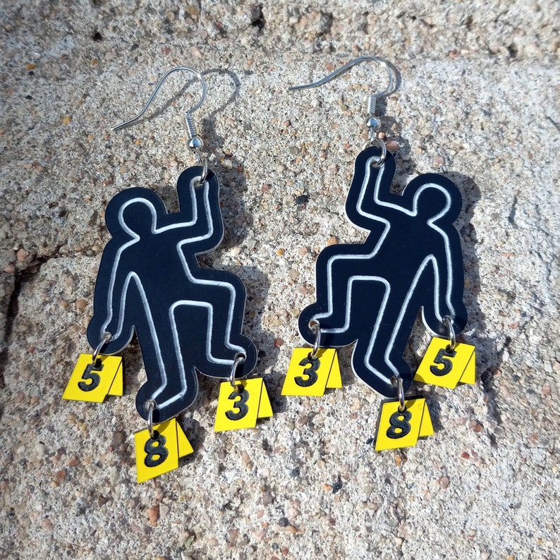 Body Chalk Outline & Evidence Markers Crime Scene Investigator CSI Dangle Earrings, Criminologist Murder Mystery Detective Party Accessories image 1