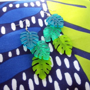 Monstera Leaf Tropical Leaves Cascading Dangle Earrings, Teal Green Chartreuse, Summer Luau Beach Jewelry image 3