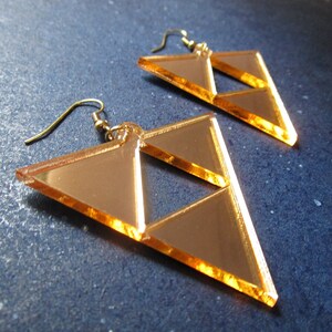 Princess Hilda's Triforce Earrings Zelda Cosplay, Reverse Upside Down Triforce, Gold Acrylic Big Dangle Hypoallergenic or Clip Ons image 2