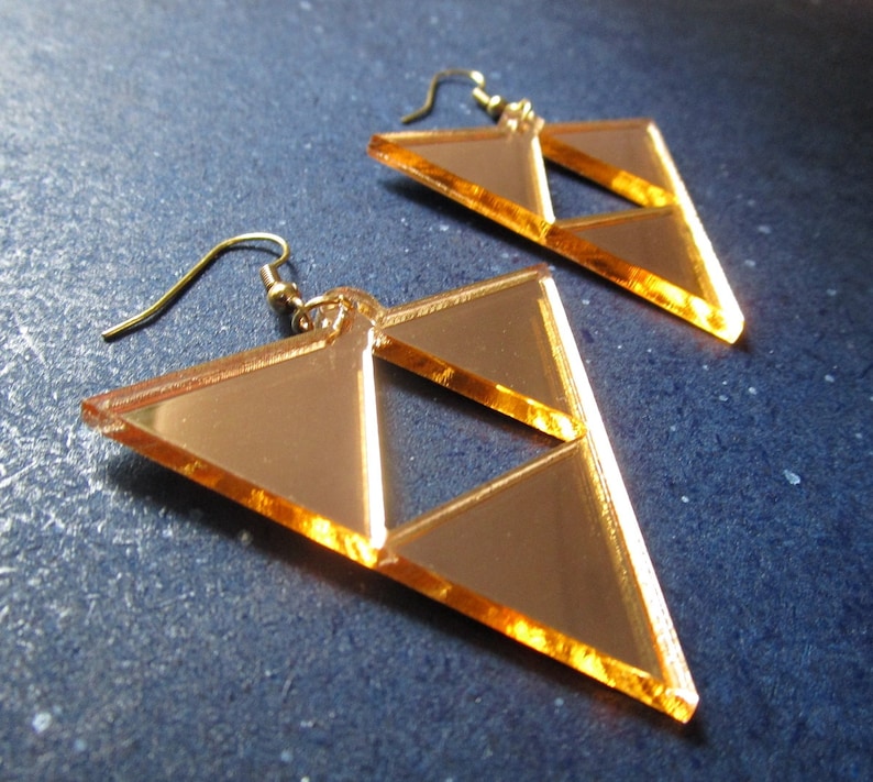 Princess Hilda's Triforce Earrings Zelda Cosplay, Reverse Upside Down Triforce, Gold Acrylic Big Dangle Hypoallergenic or Clip Ons image 2