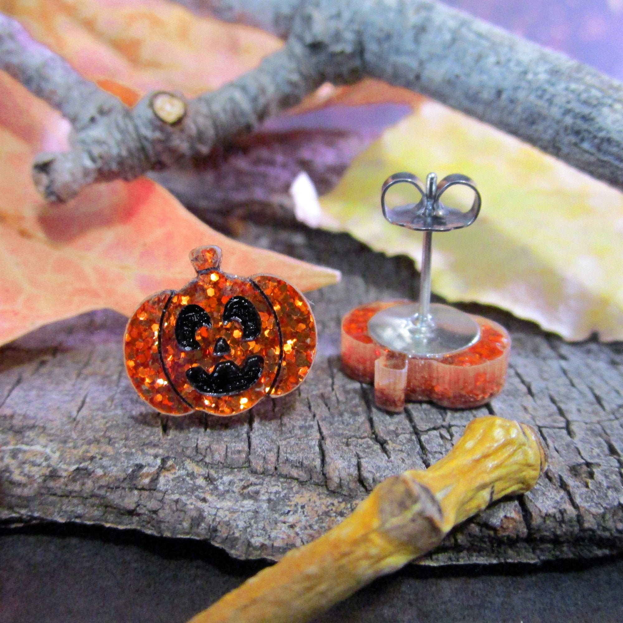 Little Orange Glitter Smiling Jack O' Lantern Stud Earrings, Jackolantern Happy Halloween Jewlery