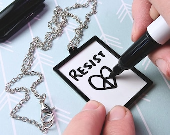 Protest Art Board Pendant Necklace, Large Dry Erase Message DIY Artist Statement Jewelry