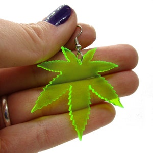 Big Neon Green Pot Leaf Dangle Earrings, 420 Weed Marijuana Rave Club Jewelry, Glows in Black Light image 6