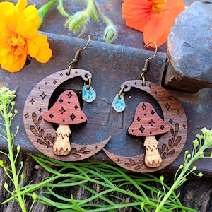 Whimsical Cottage Fae Magical Mushroom Moon Dangle Earrings, Woodland Fungi Cottagecore Nature Jewelry