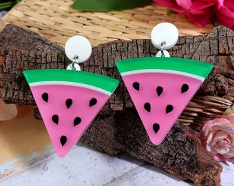 Big Watermelon Slice Summertime Fruit Earrings, Large Acrylic Stud Dangle Earrings for Summer, Decora Harajuku Jewelry
