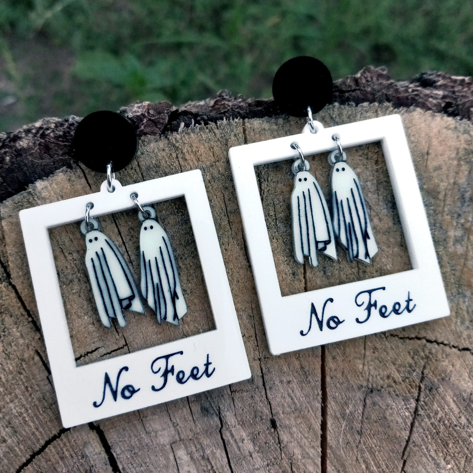 It's Just So You ~ *Glow in the Dark* Beetlejuice Ghost Polaroid Earrings, Spooky Halloween Acrylic Jewelry, Lightweight Dangle Studs