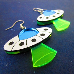 Flying Saucer UFO Dangle Earrings, Area 51 Alien Spaceship with Abduction Beam Statement Earrings, Black Light Rave Earrings