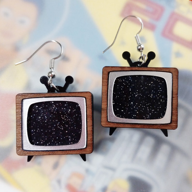 Cute Mismatch Nostalgic Retro Mod CRT SMTPE and/or Static Screen TV Statement Dangle Earrings, Classic Old Time Television Jewelry 2 Static Screen TVs