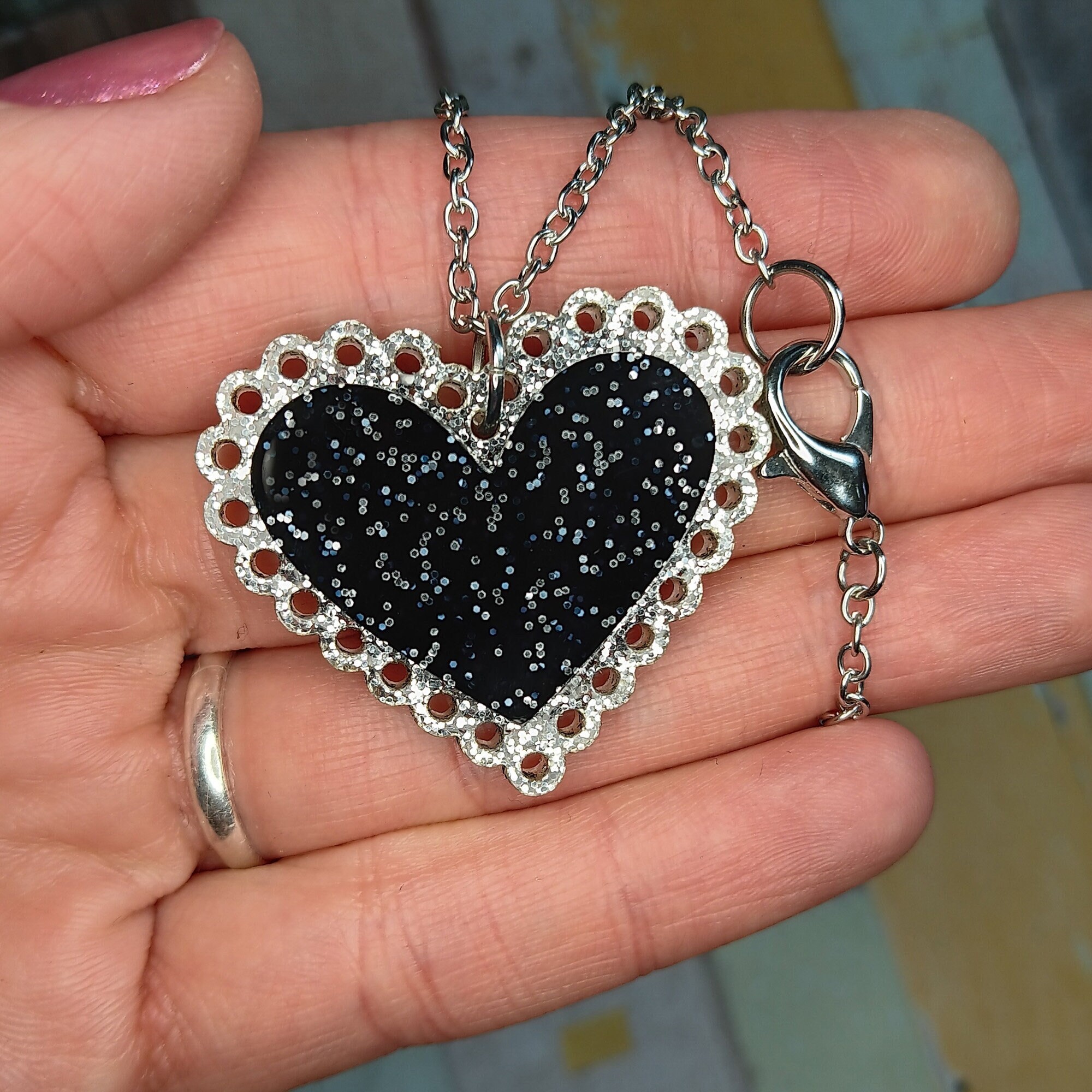 Black Heart Glitter Lace Doily Valentines Day Statement Necklace Cute Sparkly Dark Love Heart Chain Necklace Jewelry Gift