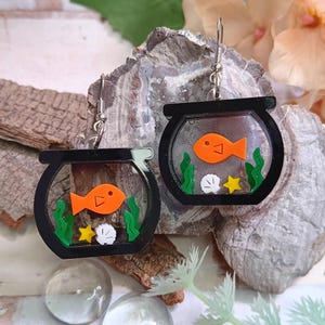 Goldfish Bowl Aquarium Dangle Earrings, Funny Aquatic Fish Jewelry