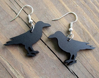 Matte Black Raven Crow Silhouette Dangle Earrings, Edgar Allen Poe Goth Bird Jewelry