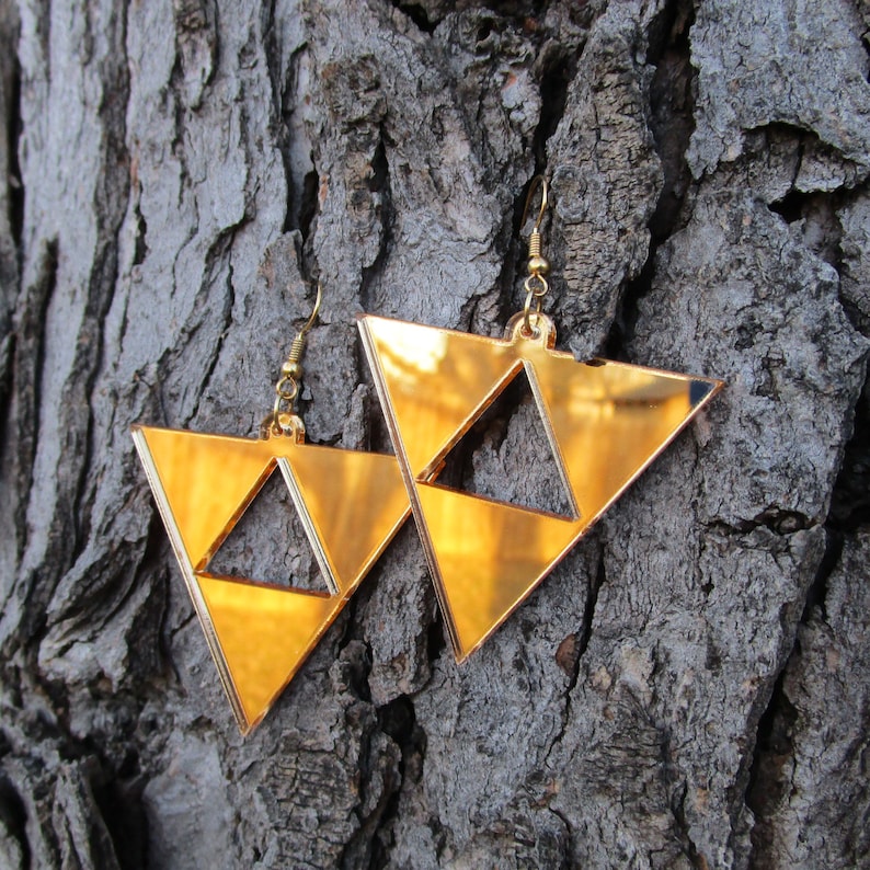 Princess Hilda's Triforce Earrings Zelda Cosplay, Reverse Upside Down Triforce, Gold Acrylic Big Dangle Hypoallergenic or Clip Ons image 6