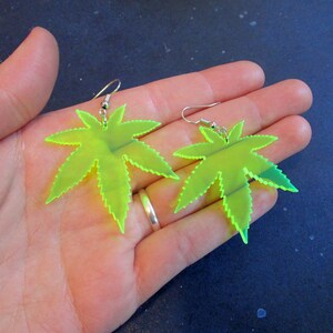 Big Neon Green Pot Leaf Dangle Earrings, 420 Weed Marijuana Rave Club Jewelry, Glows in Black Light image 8