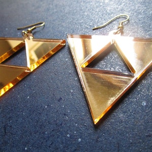 Princess Hilda's Triforce Earrings Zelda Cosplay, Reverse Upside Down Triforce, Gold Acrylic Big Dangle Hypoallergenic or Clip Ons image 7