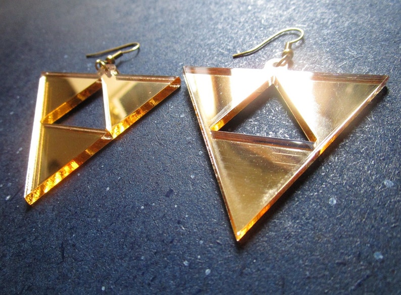 Princess Hilda's Triforce Earrings Zelda Cosplay, Reverse Upside Down Triforce, Gold Acrylic Big Dangle Hypoallergenic or Clip Ons image 7