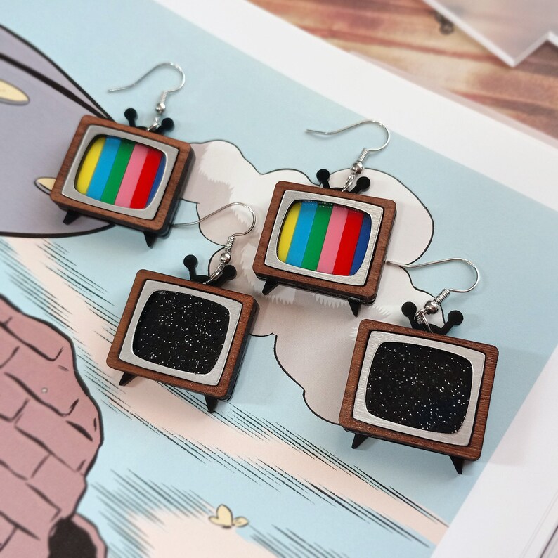 Cute Mismatch Nostalgic Retro Mod CRT SMTPE and/or Static Screen TV Statement Dangle Earrings, Classic Old Time Television Jewelry image 7