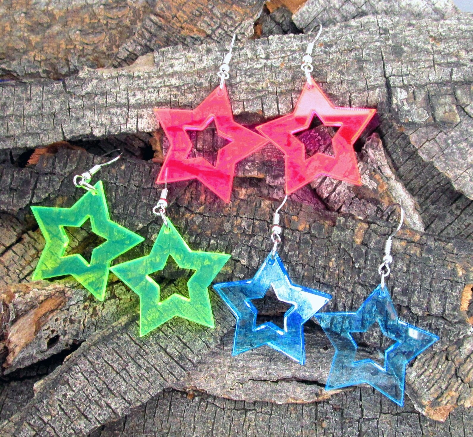 Glows in Black Light - Big 80s Neon Star Rave Earrings, Star Cutout ...