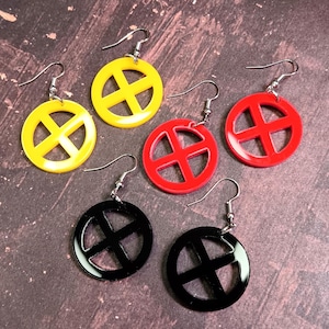 X Logo Cosplay Dangle Earrings in Classic Yellow, Red or Black - X Symbol Costume Hypoallergenic Jewelry