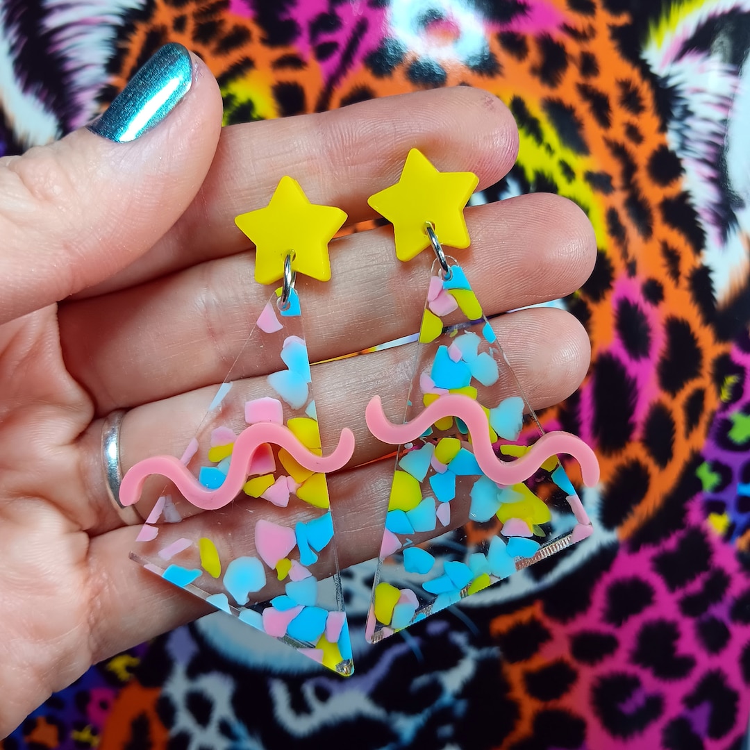 Totally 80s Memphis Style Geometric Squiggle Star Earrings, Super Rad 1980s Costume Party Studs Jewelry
