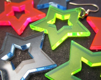 Glows in Black Light - Big 80s Neon Star Rave Earrings, Star Cutout Neon Earrings 80s - Florescent Pink, Green & Blue Dangle Rave Jewelry