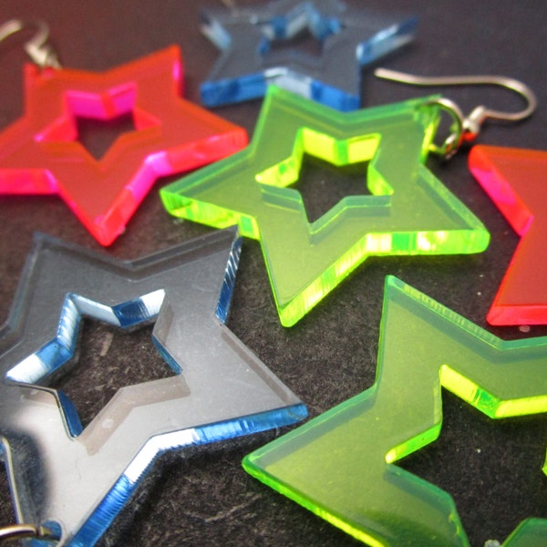 Glows in Black Light - Big 80s Neon Star Rave Earrings, Star Cutout Neon Earrings 80s - Florescent Pink, Green & Blue Dangle Rave Jewelry