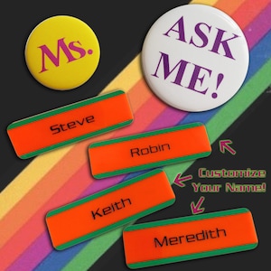 Customizable Family Video Uniform Costume Custom Name Tag with ASK ME & Ms. Pin Buttons - Stranger Steve or Robin Name Badge Cosplay