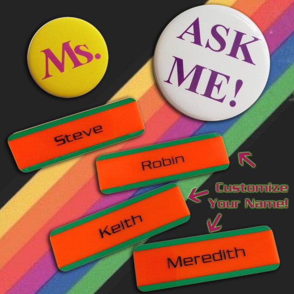 Disfraz de uniforme de vídeo familiar personalizable, etiqueta de nombre personalizada con botones ASK ME & Ms. Pin - Stranger Steve o Robin Name Badge Cosplay