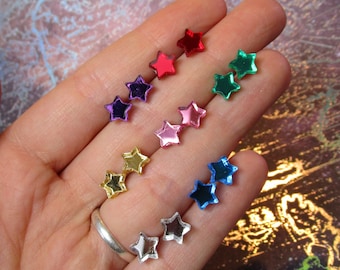 2 PAIRS Little Shiny Mirror Stars Choose Your Favorite Colors STAR Stud Earrings Set, Metal Free Hypoallergenic Plastic Posts Jewelry Set