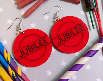 Animated 97 Jubilee Red Circle Costume Earrings, Red Name Cosplay Jewelry